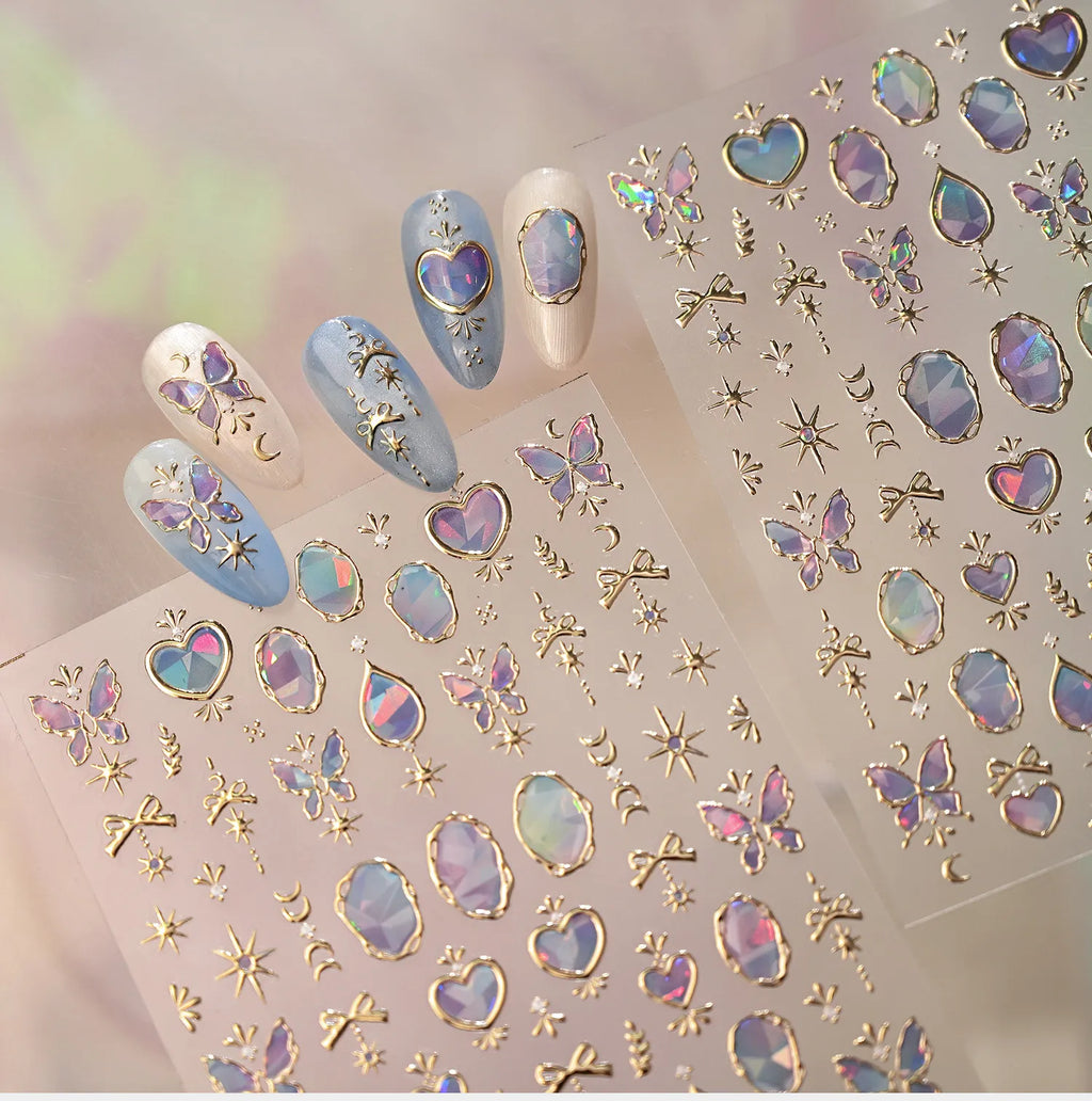 3D Gold Celestial Nail Stickers - Moon, Star & Iridescent Opal Decals