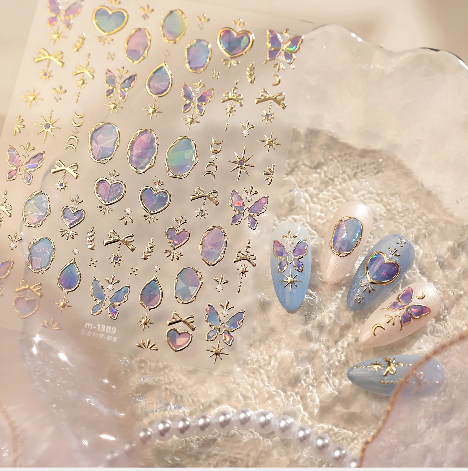 3D Gold Celestial Nail Stickers - Moon, Star & Iridescent Opal Decals