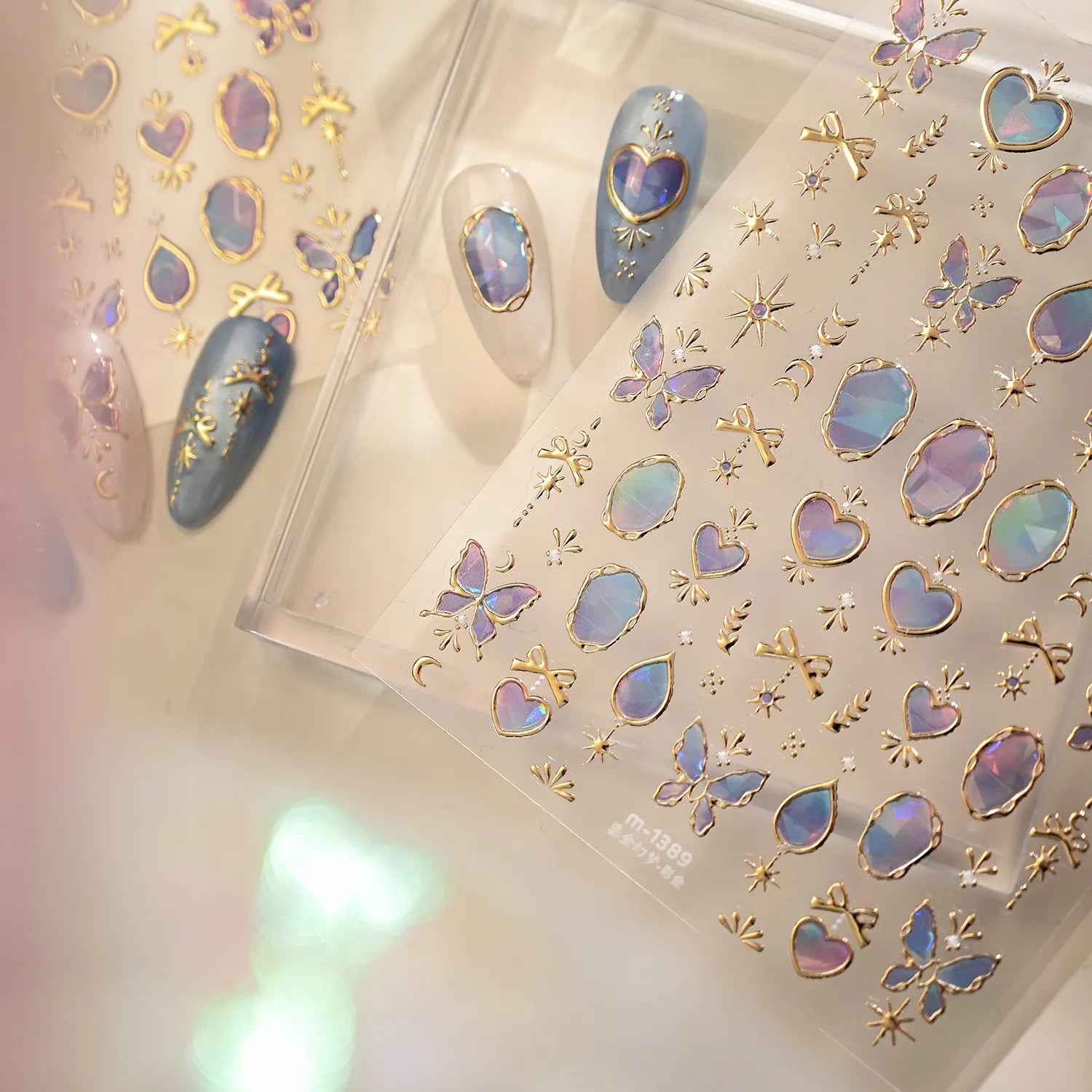 3D Gold Celestial Nail Stickers - Moon, Star & Iridescent Opal Decals