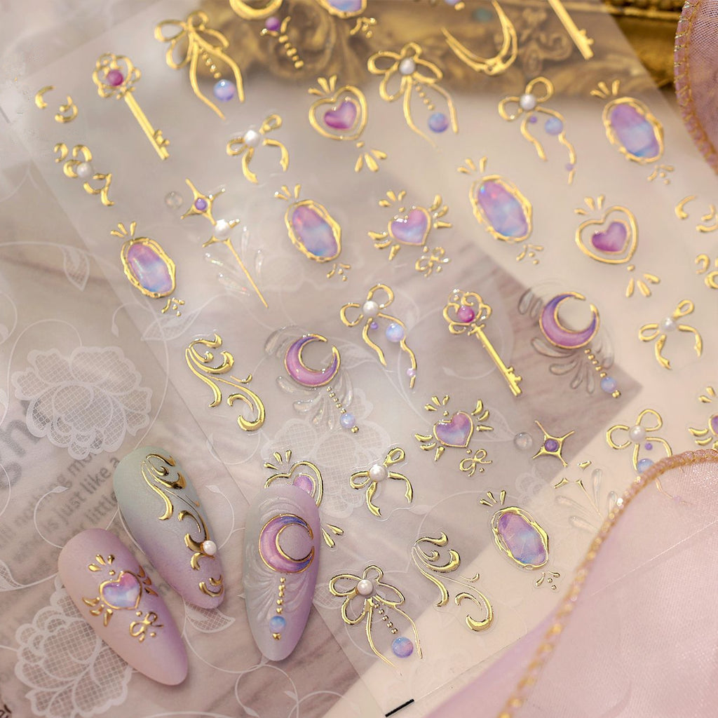 3D Gold Celestial Nail Stickers | Magical Girl Stars Moon & Bow Decals