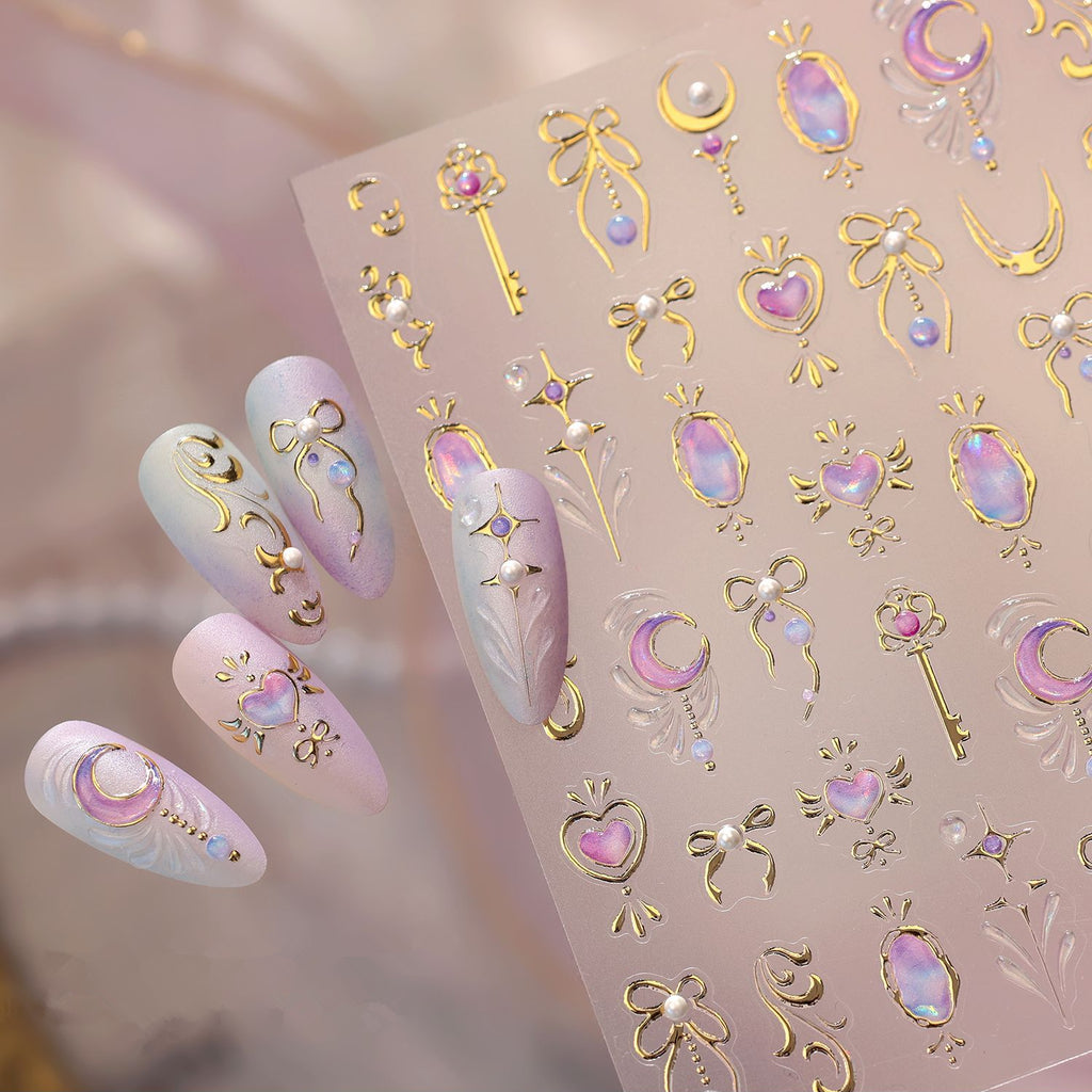 3D Gold Celestial Nail Stickers | Magical Girl Stars Moon & Bow Decals
