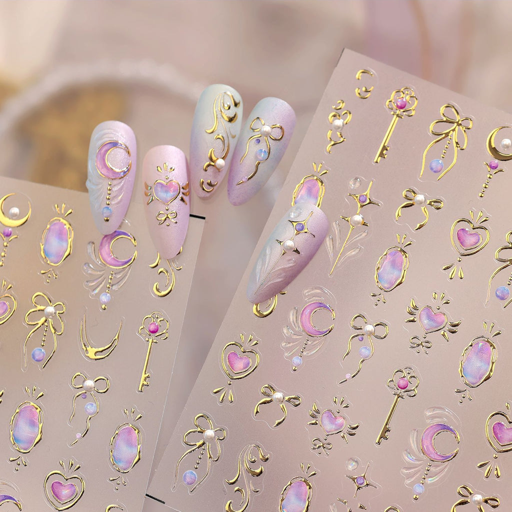 3D Gold Celestial Nail Stickers | Magical Girl Stars Moon & Bow Decals