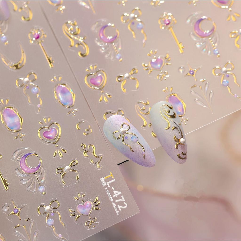 3D Gold Celestial Nail Stickers | Magical Girl Stars Moon & Bow Decals