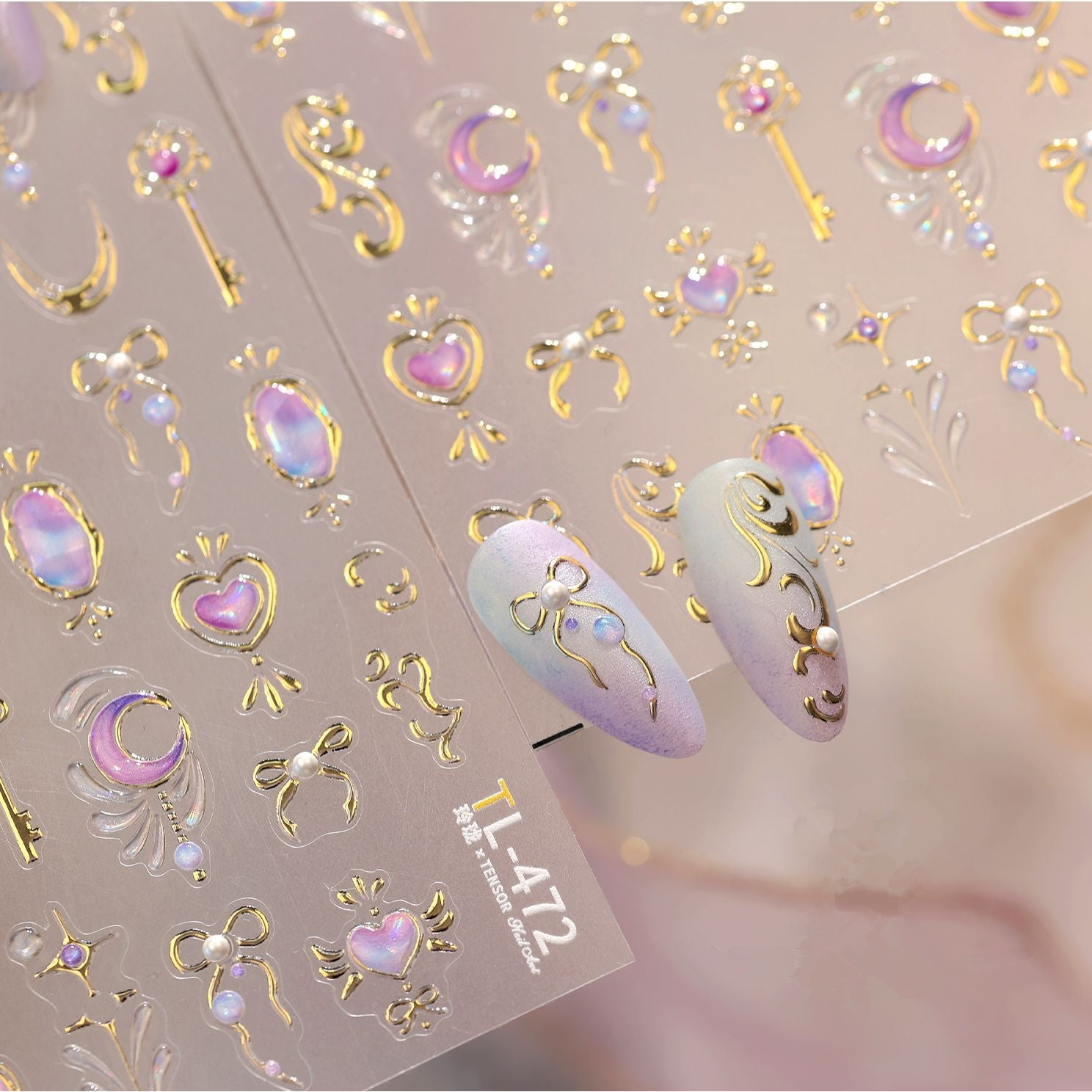 3D Gold Celestial Nail Stickers | Magical Girl Stars Moon & Bow Decals