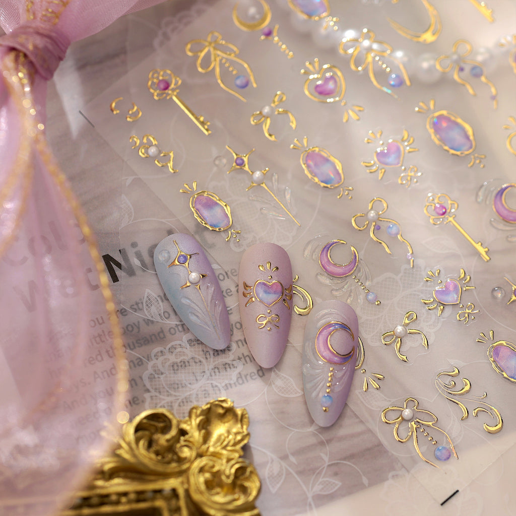3D Gold Celestial Nail Stickers | Magical Girl Stars Moon & Bow Decals