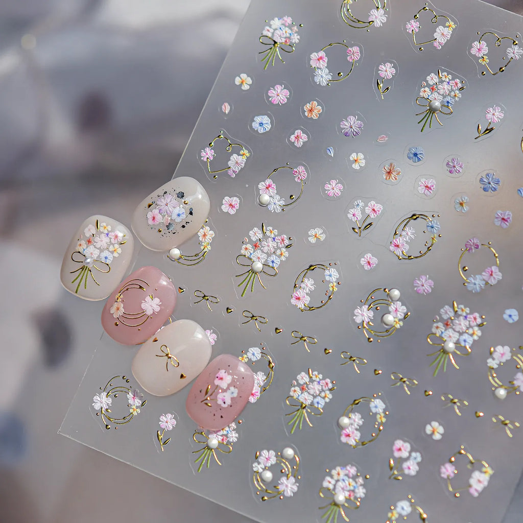 3D Gold Floral & Pearl Nail Stickers - Dainty Flower Wreath Decals