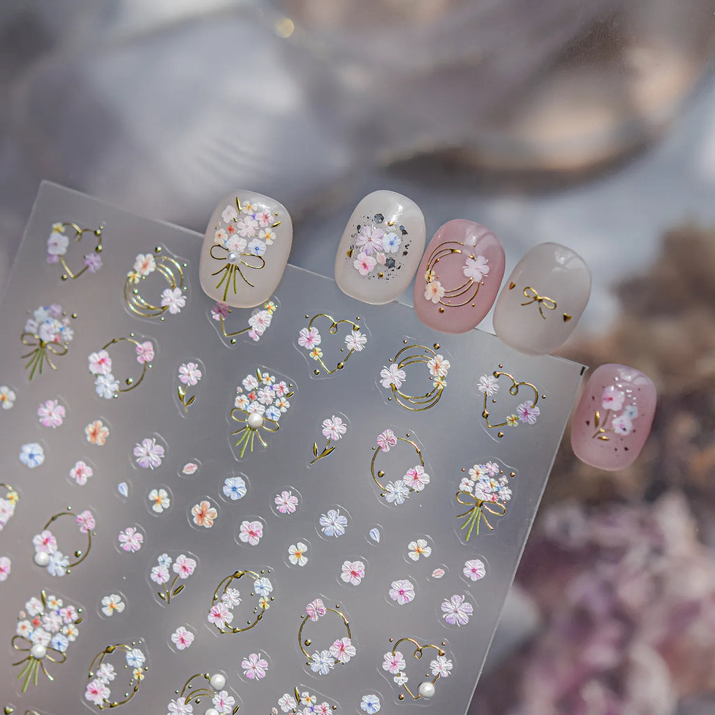3D Gold Floral & Pearl Nail Stickers - Dainty Flower Wreath Decals