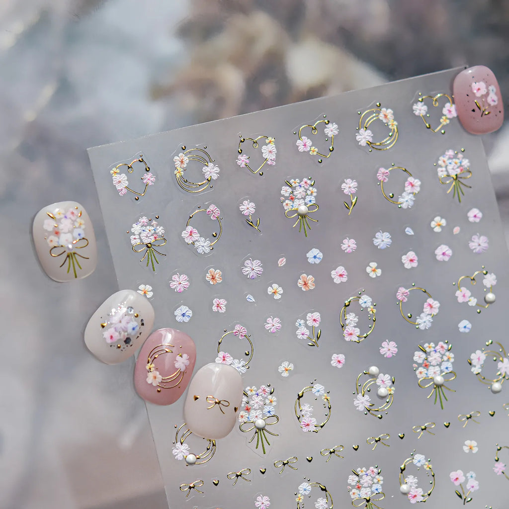 3D Gold Floral & Pearl Nail Stickers - Dainty Flower Wreath Decals