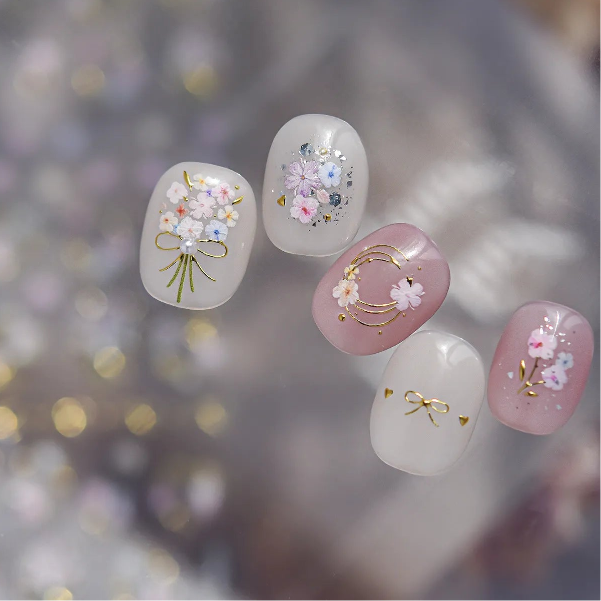 3D Gold Floral & Pearl Nail Stickers - Dainty Flower Wreath Decals