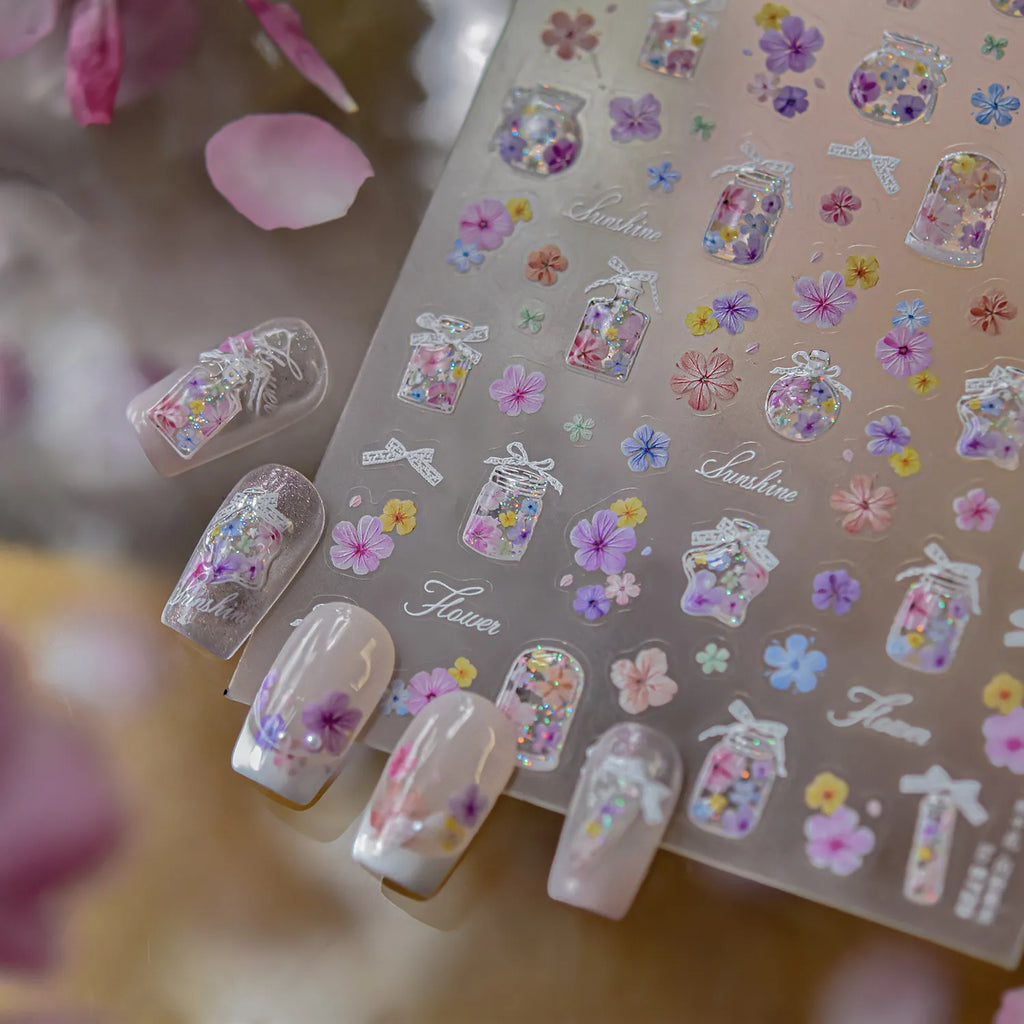 3D Gold Floral & Pearl Nail Stickers - Dainty Flower Wreath Decals