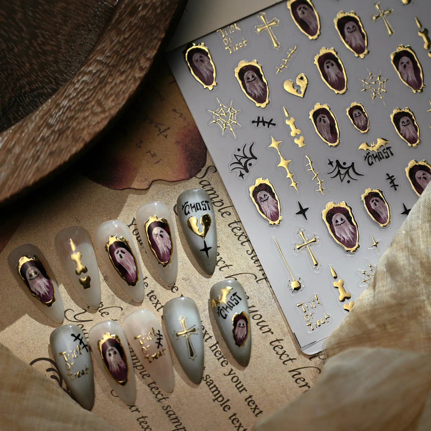 3D Gold Ghost Halloween Nail Stickers | Cute Spooky Vintage Decals M1220