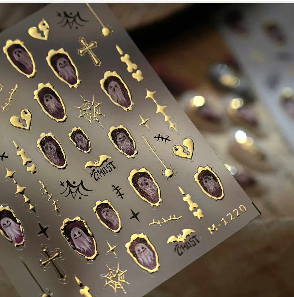 3D Gold Ghost Halloween Nail Stickers | Cute Spooky Vintage Decals M1220