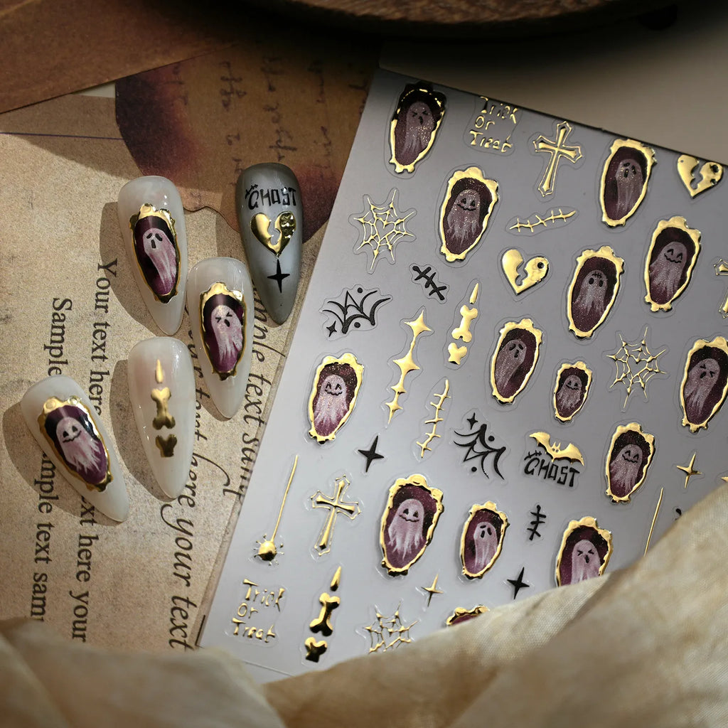 3D Gold Ghost Halloween Nail Stickers | Cute Spooky Vintage Decals M1220