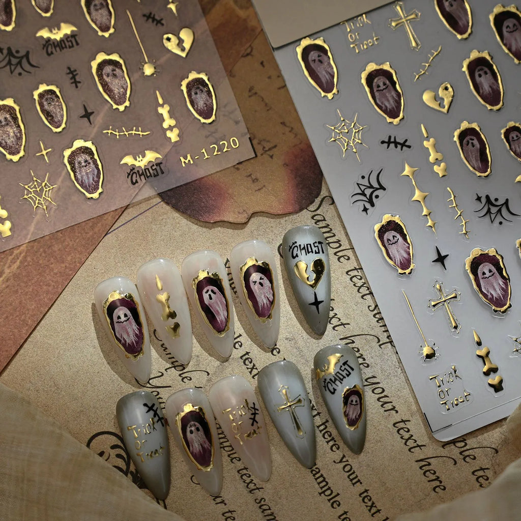 3D Gold Ghost Halloween Nail Stickers | Cute Spooky Vintage Decals M1220