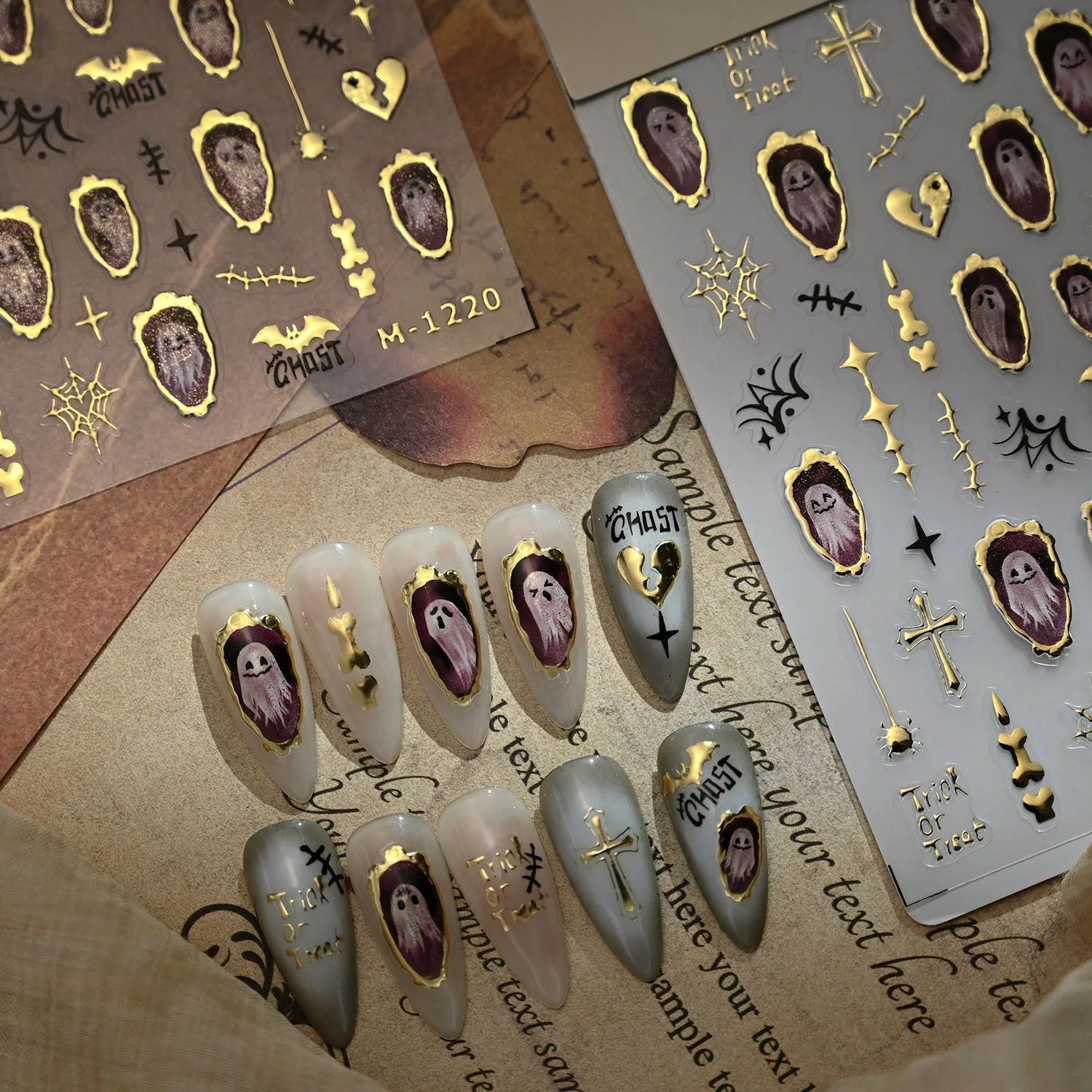 3D Gold Ghost Halloween Nail Stickers | Cute Spooky Vintage Decals M1220