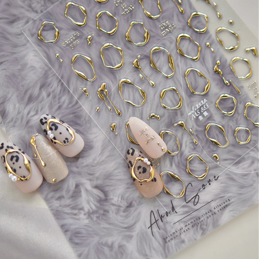 3D Gold Liquid Metal Abstract Nail Stickers MS883