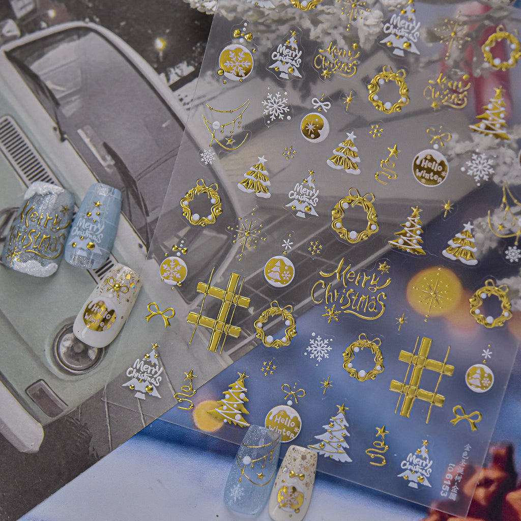 3D Gold Silver Christmas Tree &Wreath Nail Stickers