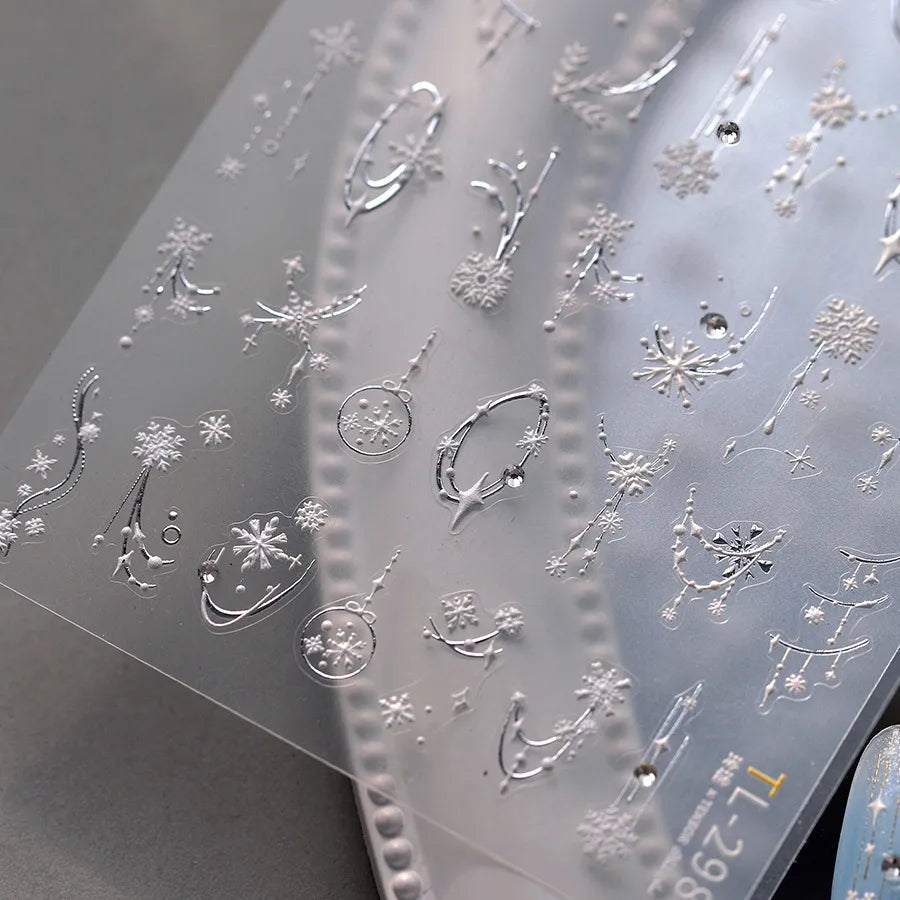 3D Gold Silver Snowflake Nail Decals | Winter Holiday Nail Art Stickers 