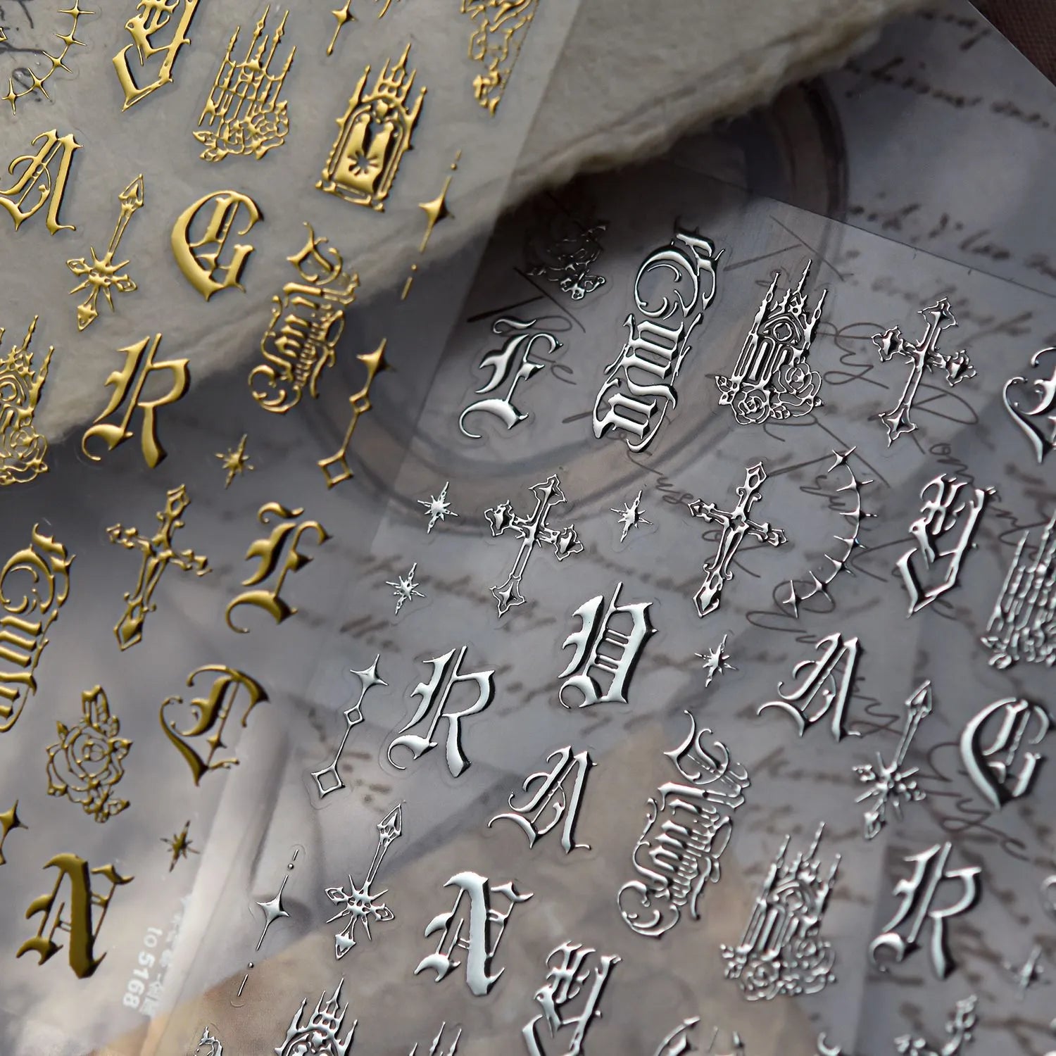 3D Gothic Letter & Cross Nail Stickers | Gold, Silver, Black & White Goth Nail Art Decals