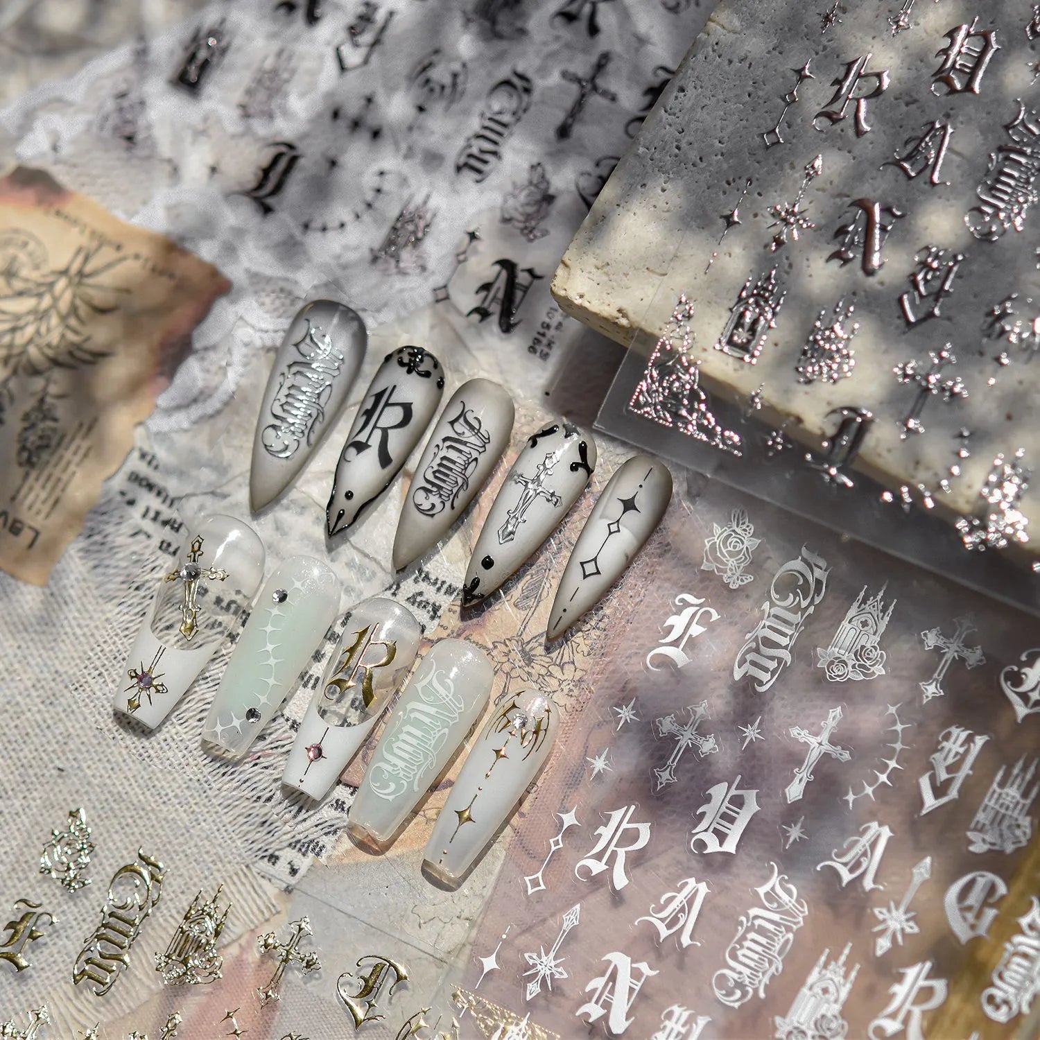 3D Gothic Letter & Cross Nail Stickers | Gold, Silver, Black & White Goth Nail Art Decals