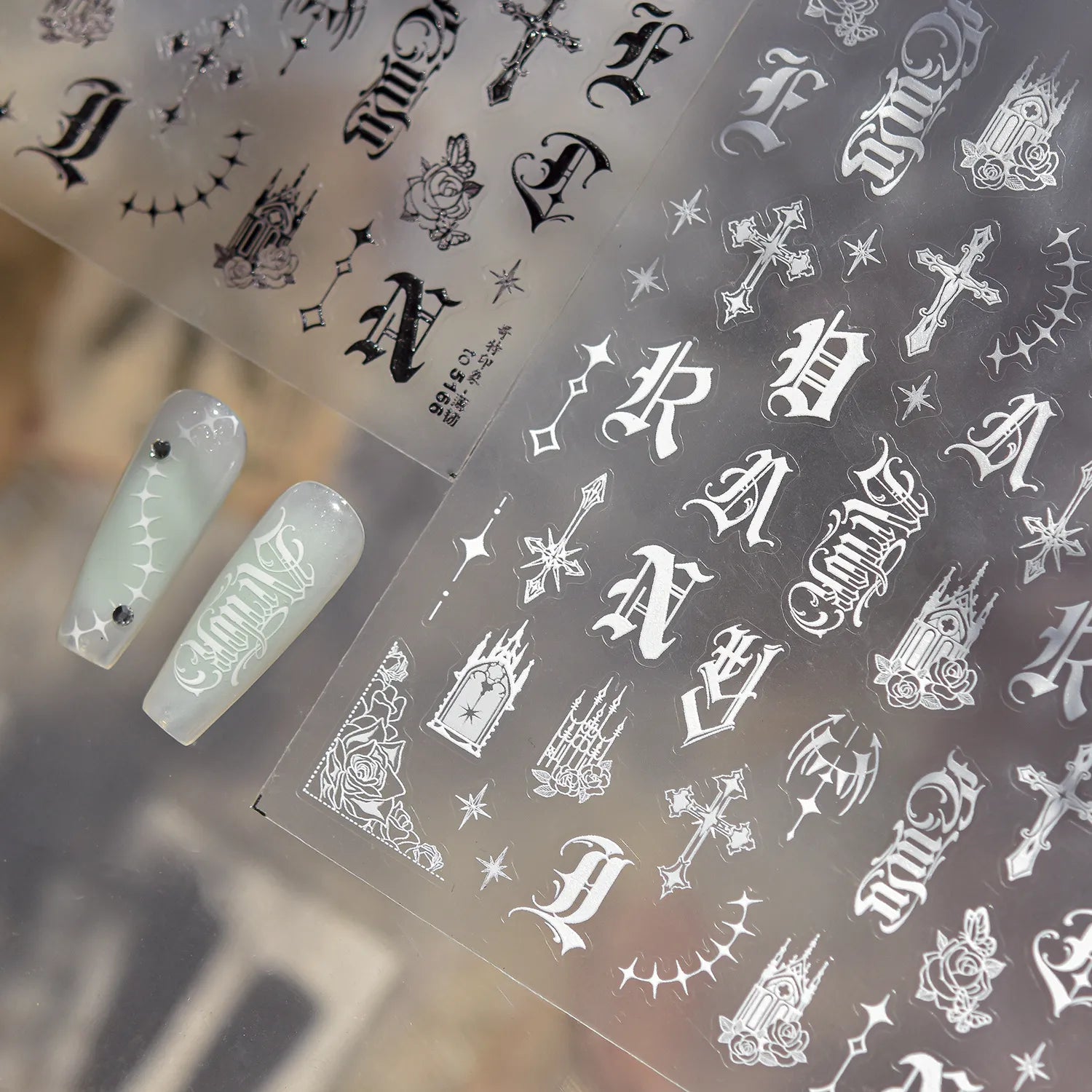 3D Gothic Letter & Cross Nail Stickers | Gold, Silver, Black & White Goth Nail Art Decals