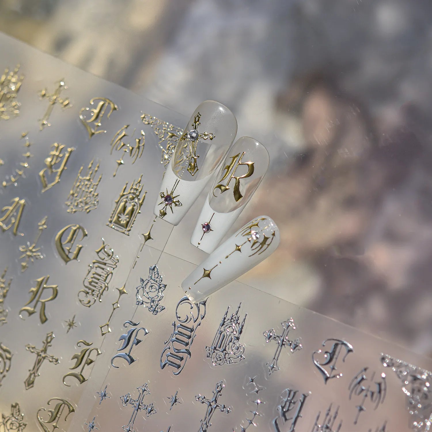 3D Gothic Letter & Cross Nail Stickers | Gold, Silver, Black & White Goth Nail Art Decals