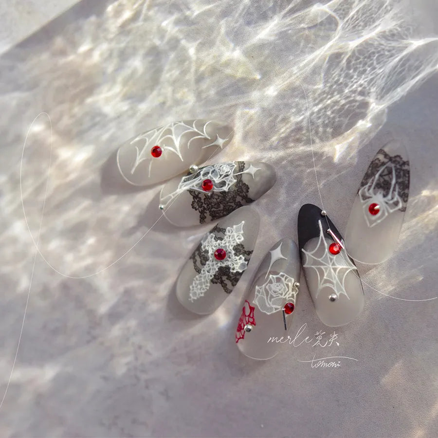 3D Gothic Spider Nail Stickers | Dark Romance Rose & Cross Rhinestone Nail Decals