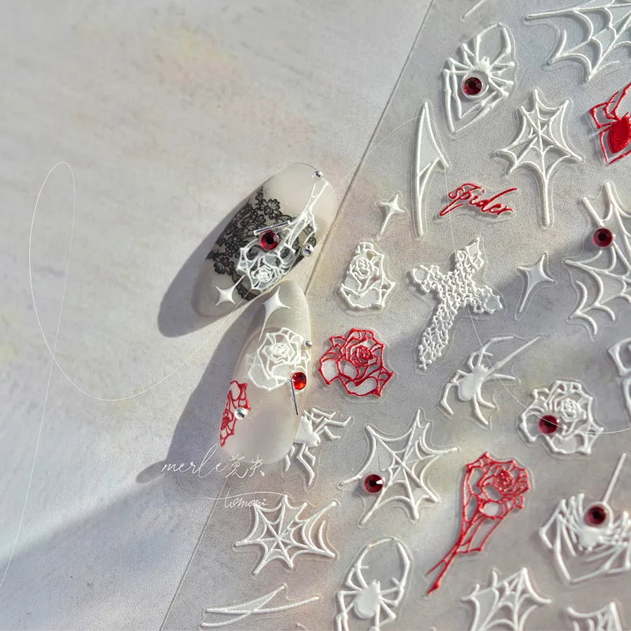 3D Gothic Spider Nail Stickers | Dark Romance Rose & Cross Rhinestone Nail Decals