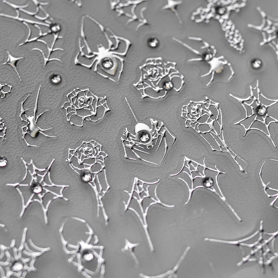 3D Gothic Spider Nail Stickers | Dark Romance Rose & Cross Rhinestone Nail Decals