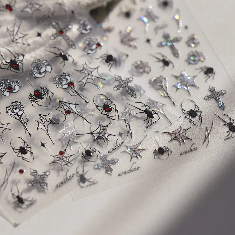 3D Gothic Spider Nail Stickers | Dark Romance Rose & Cross Rhinestone Nail Decals