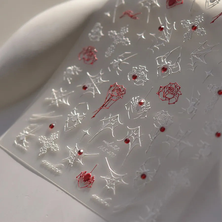 3D Gothic Spider Nail Stickers | Dark Romance Rose & Cross Rhinestone Nail Decals