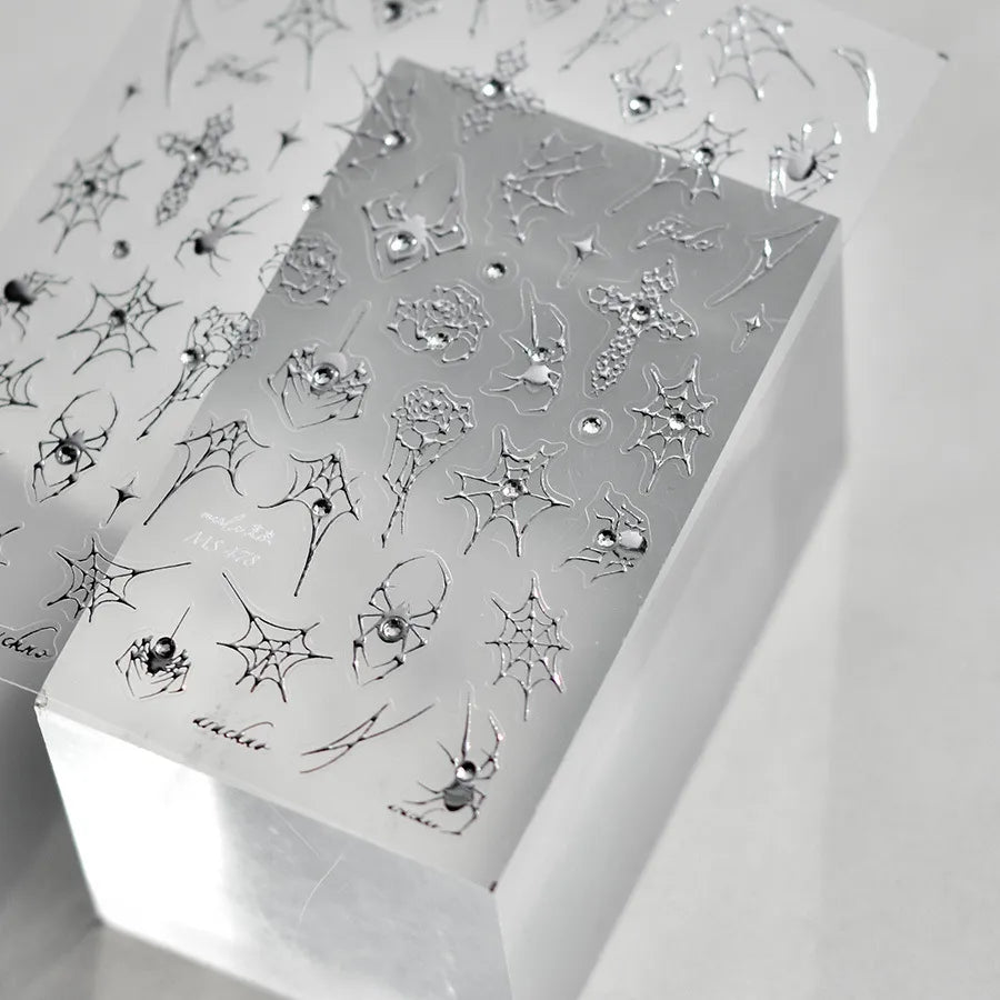 3D Gothic Spider Nail Stickers | Dark Romance Rose & Cross Rhinestone Nail Decals