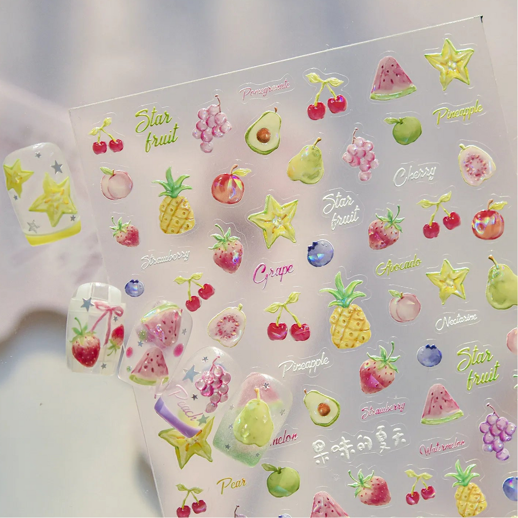 3D Kawaii Fruit Nail Art Stickers - Summer Grape Cherry Peach Decals