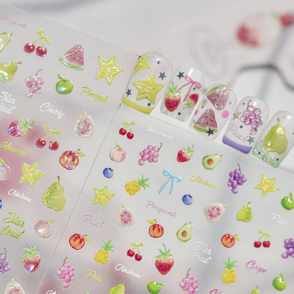 3D Kawaii Fruit Nail Art Stickers - Summer Grape Cherry Peach Decals