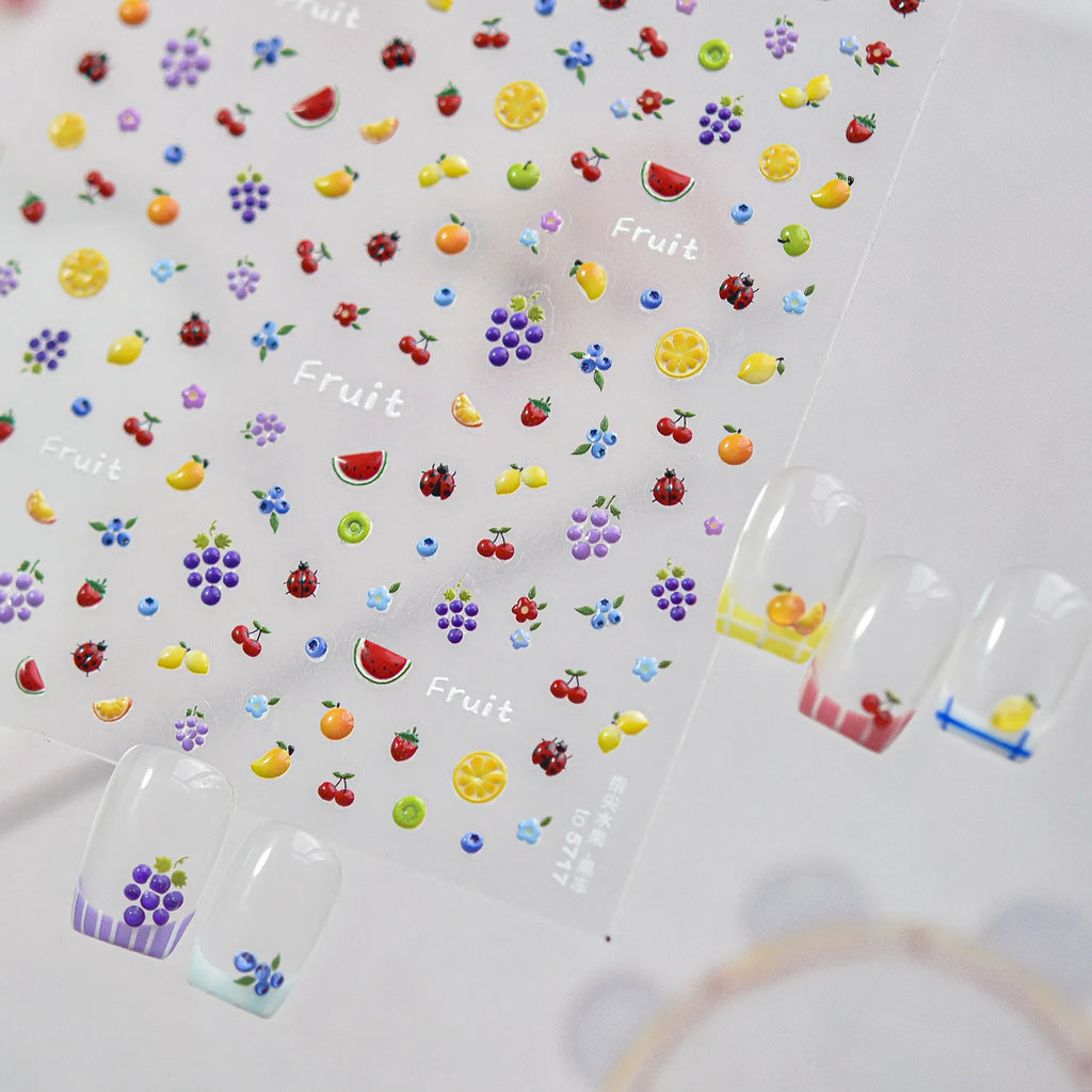 3D Kawaii Fruit Nail Art Stickers - Summer Grape Cherry Peach Decals