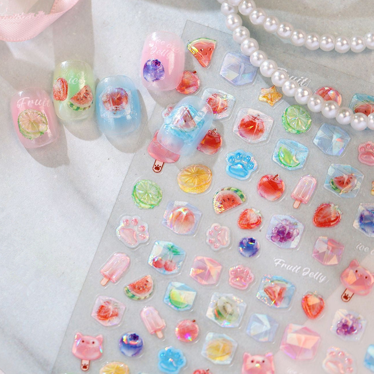 3D Kawaii Ice Cube & Fruit Jelly Nail Stickers