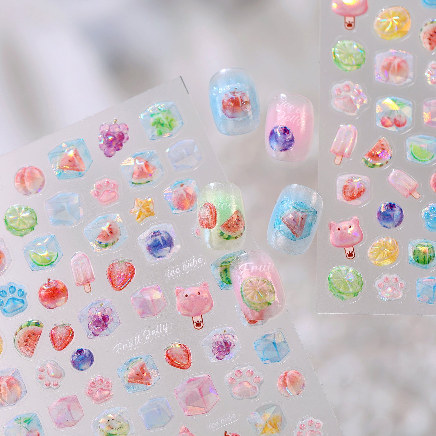3D Kawaii Ice Cube & Fruit Jelly Nail Stickers