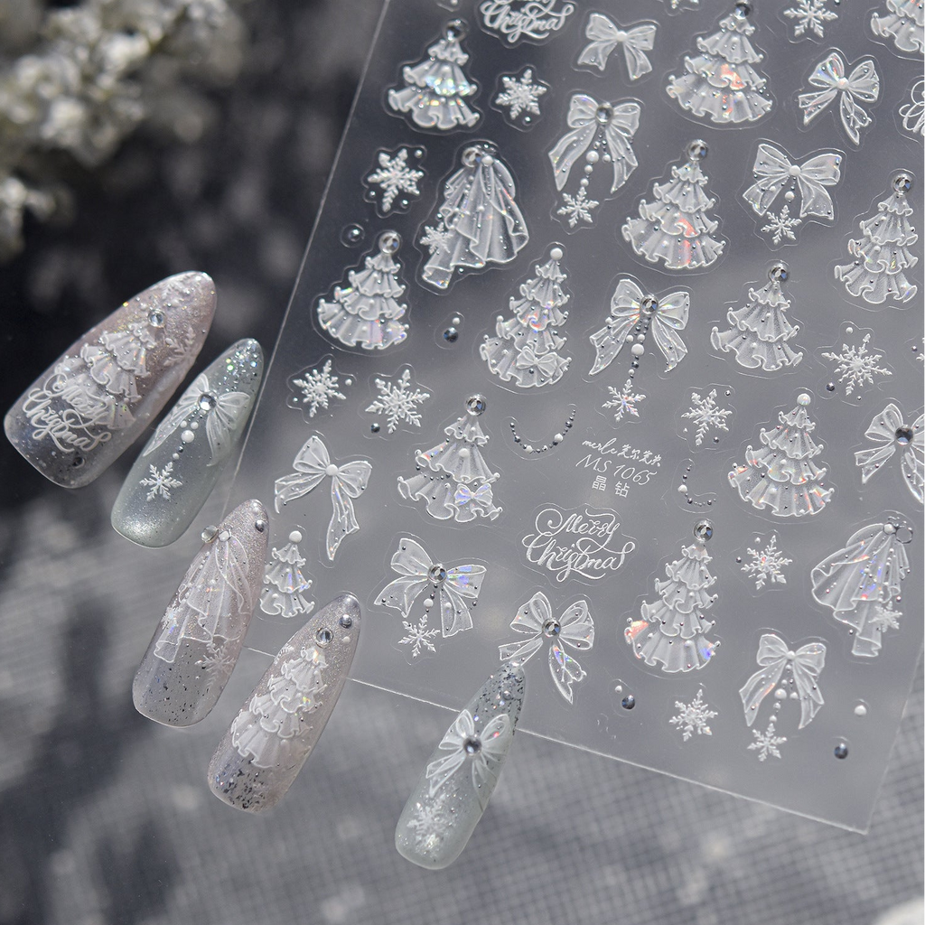 3D Luxury Christmas Nail Stickers - Elegant Bows, Pearls, Snowflakes Series 
