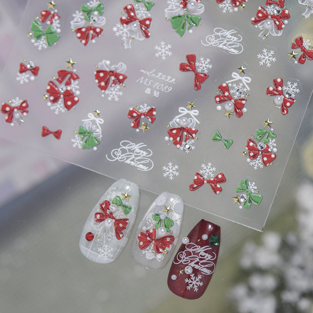 3D Luxury Christmas Nail Stickers - Elegant Bows, Pearls, Snowflakes Series 