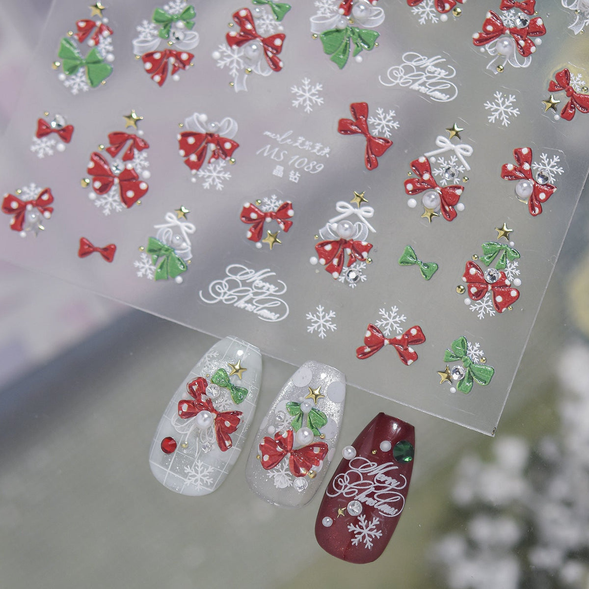3D Luxury Christmas Nail Stickers - Elegant Bows, Pearls, Snowflakes Series 