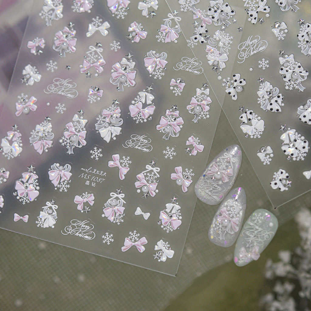 3D Luxury Christmas Nail Stickers - Elegant Bows, Pearls, Snowflakes Series 