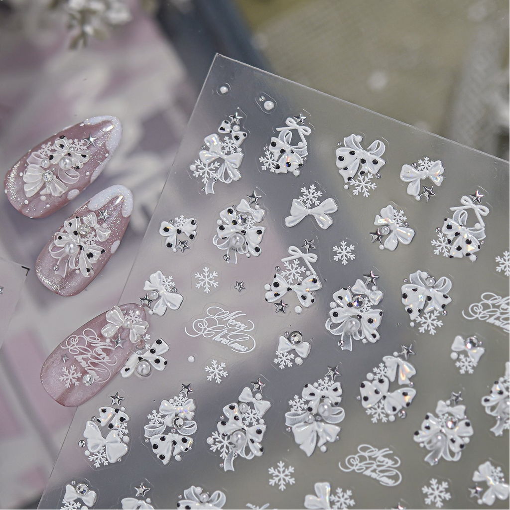 3D Luxury Christmas Nail Stickers - Elegant Bows, Pearls, Snowflakes Series 