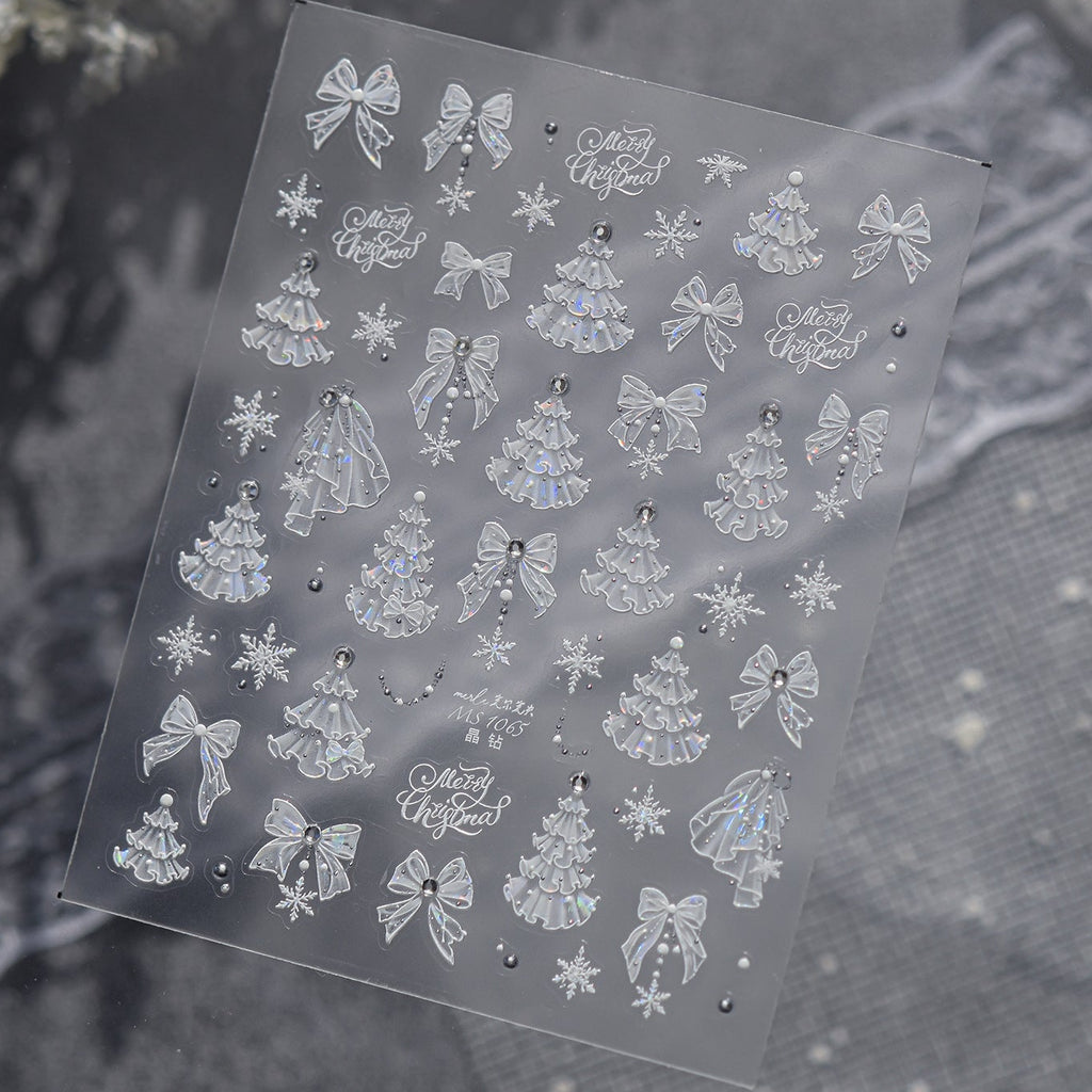 3D Luxury Christmas Nail Stickers - Elegant Bows, Pearls, Snowflakes Series 
