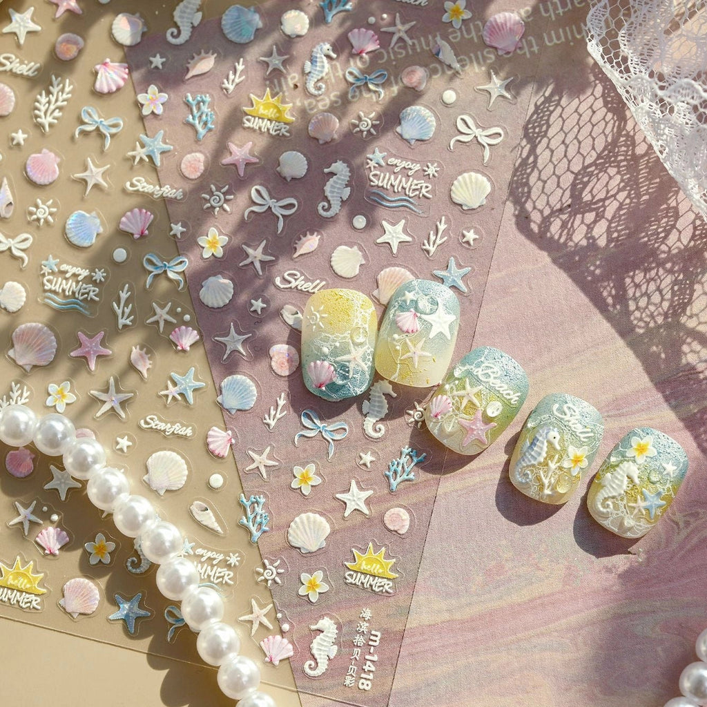 3D Mermaid Ocean Nail Stickers - Shell, Starfish & Beach Summer Decals