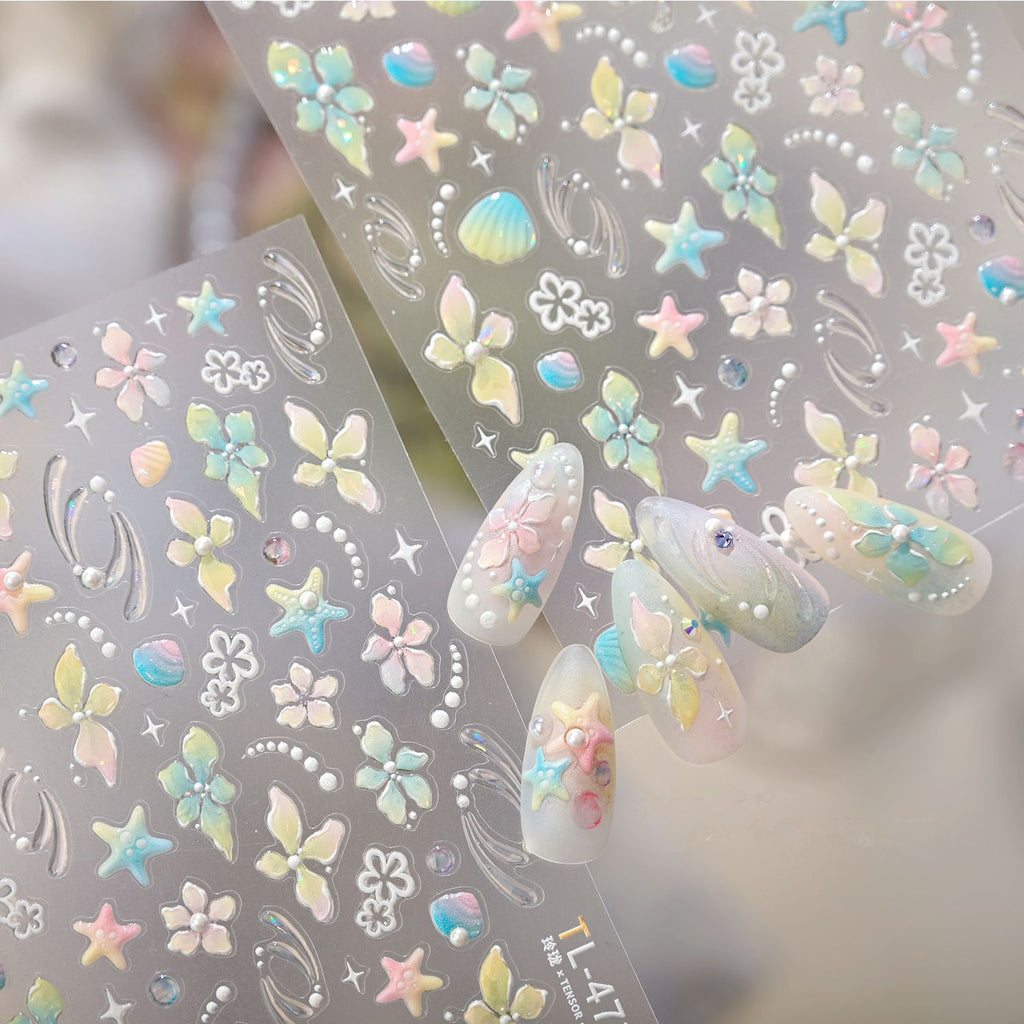 3D Mermaidcore Starfish & Shell Nail Stickers - Pastel Ocean Decals