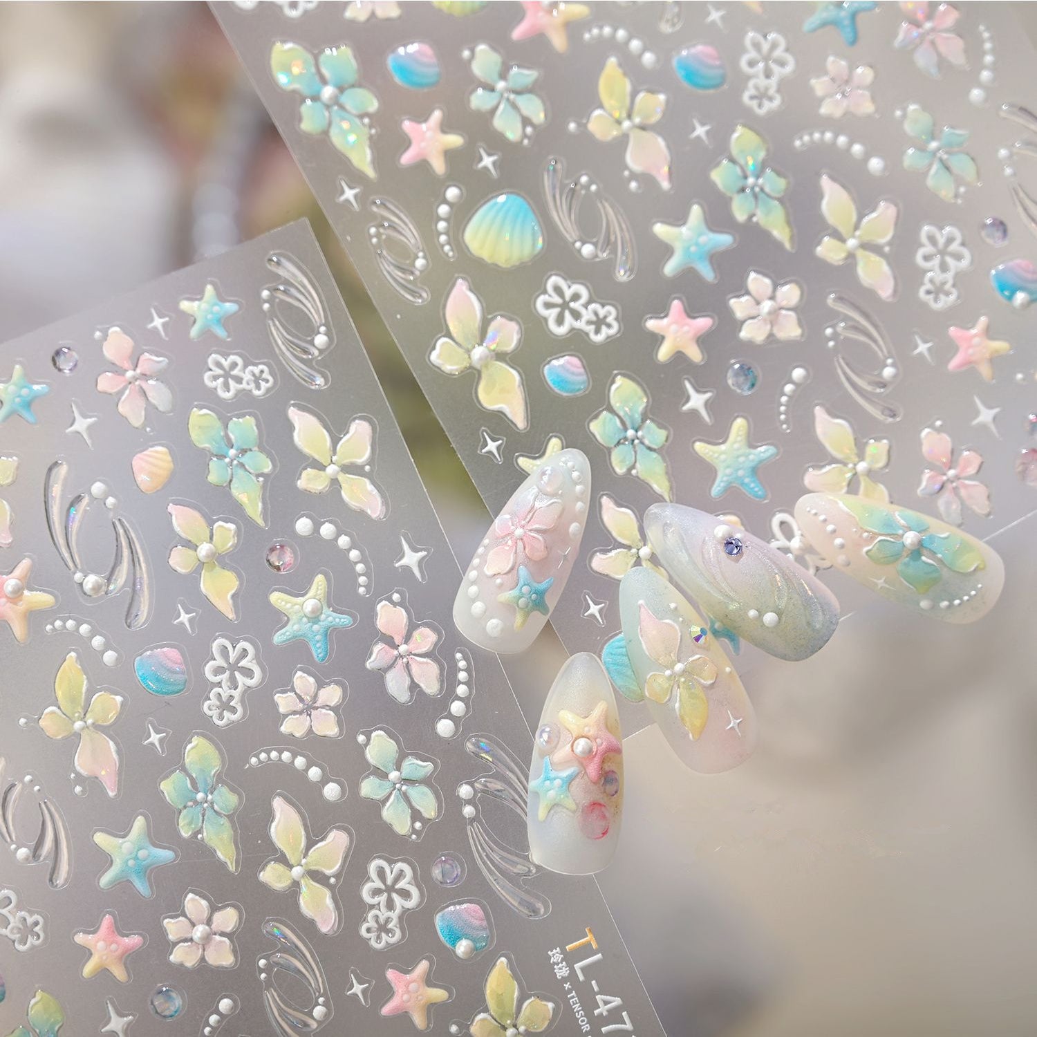 3D Mermaidcore Starfish & Shell Nail Stickers - Pastel Ocean Decals
