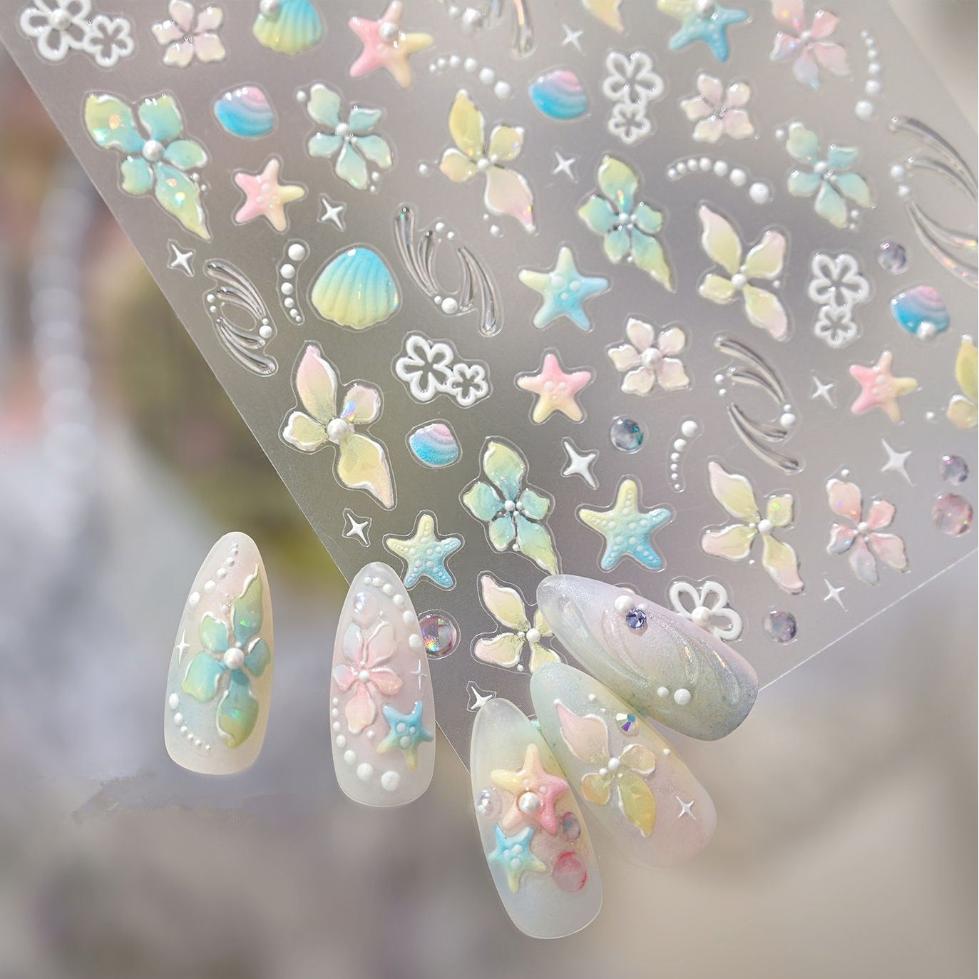 3D Mermaidcore Starfish & Shell Nail Stickers - Pastel Ocean Decals 473