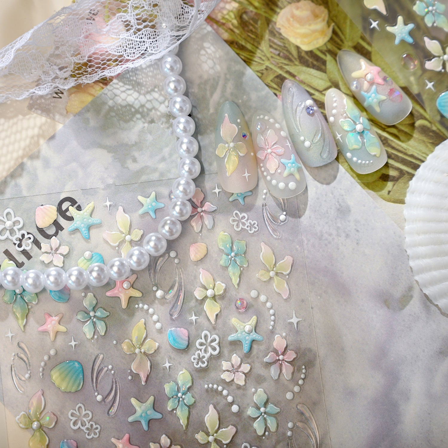 3D Mermaidcore Starfish & Shell Nail Stickers - Pastel Ocean Decals