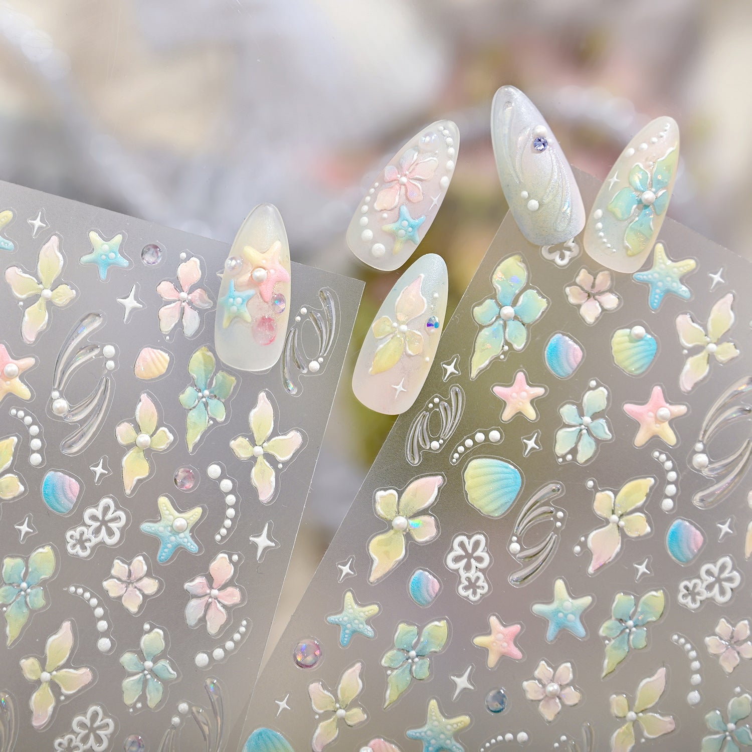 3D Mermaidcore Starfish & Shell Nail Stickers - Pastel Ocean Decals 473