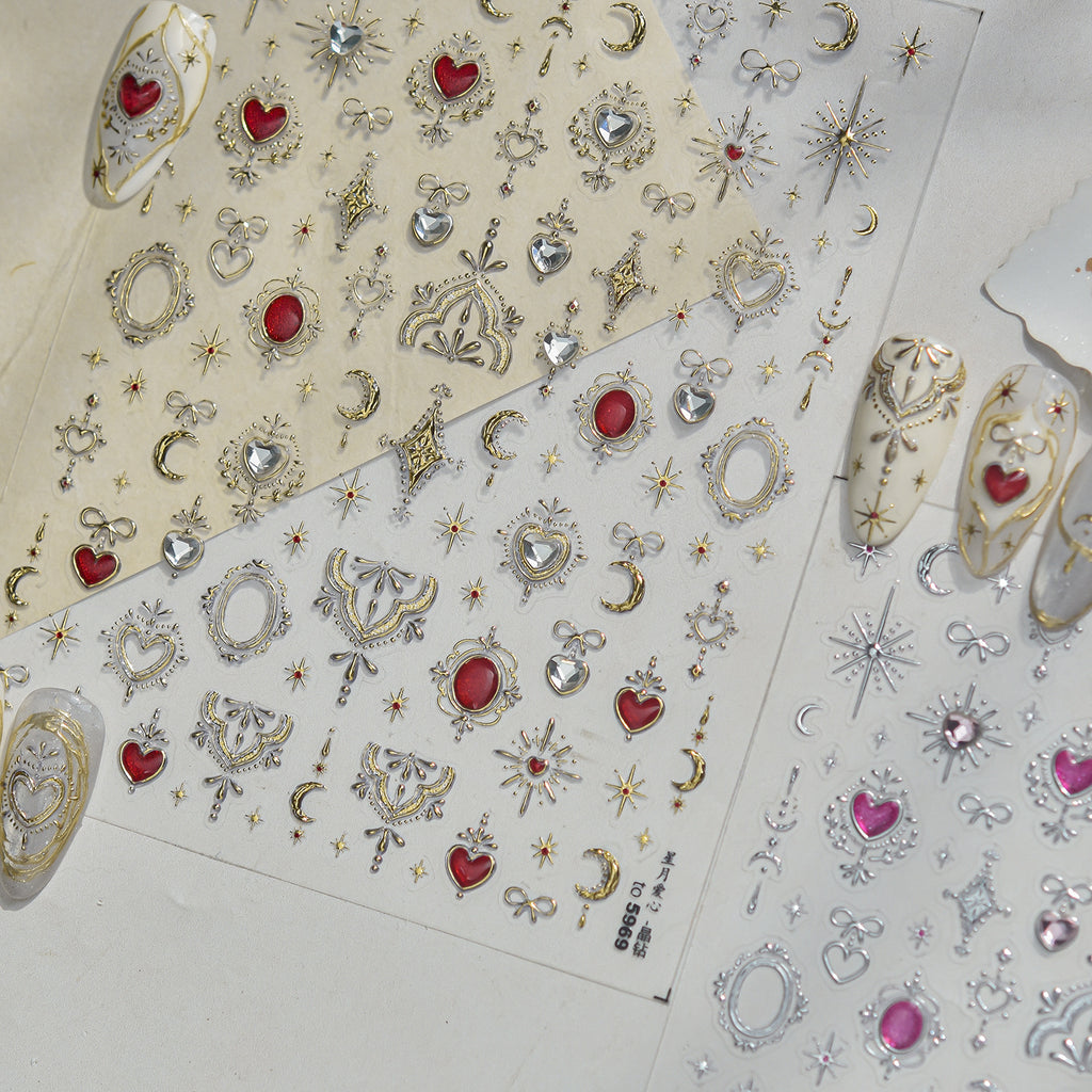 3D Metallic Celestial Nail Stickers - Vintage Heart & Moon Decals 5969